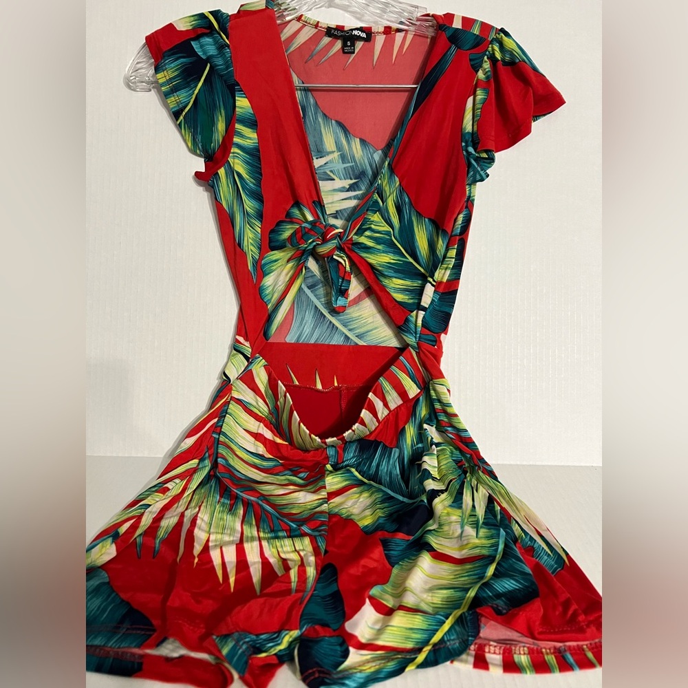 Fashion Nova Tropical Red and Green Leaf Print Romper Shorts